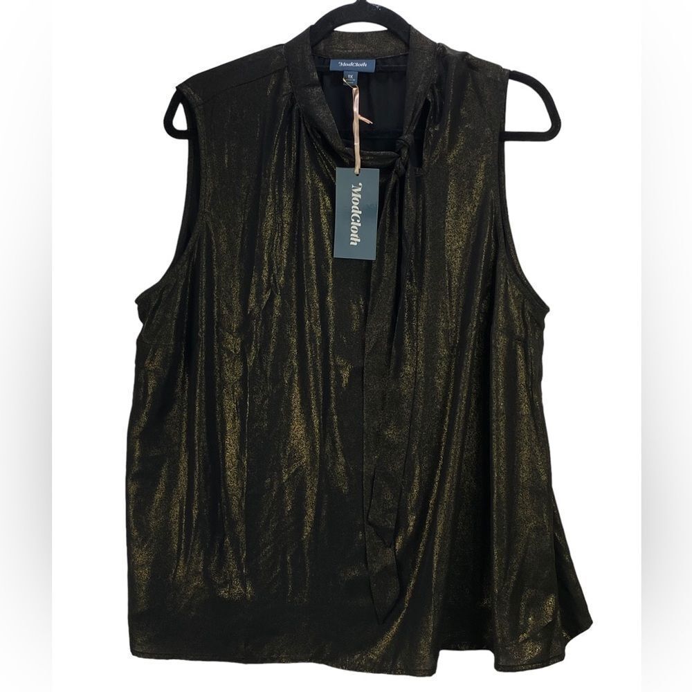 ModCloth Wm’s Sz 1X Black Gold Shimmer Woven You Know Tie Neck Sleeveless Blouse